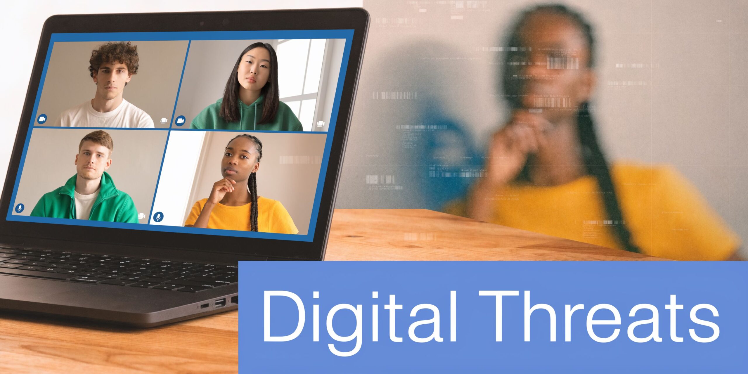 A laptop displays a video conference meeting with four diverse colleagues, with a digital overlay mentioning threats.