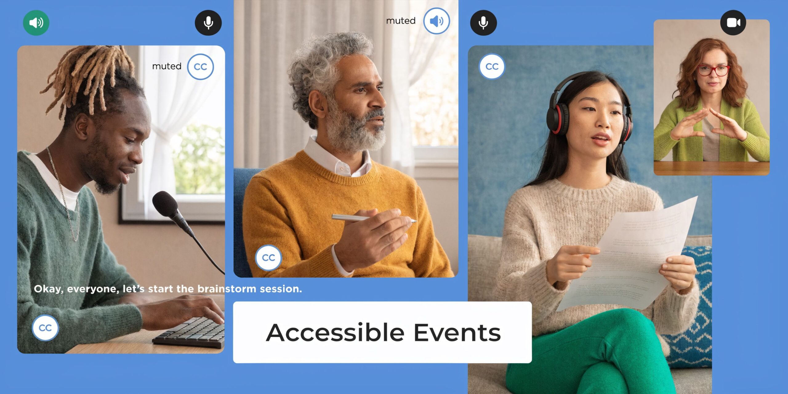 A diverse group of people participating in an inclusive and accessible virtual brainstorm session online.