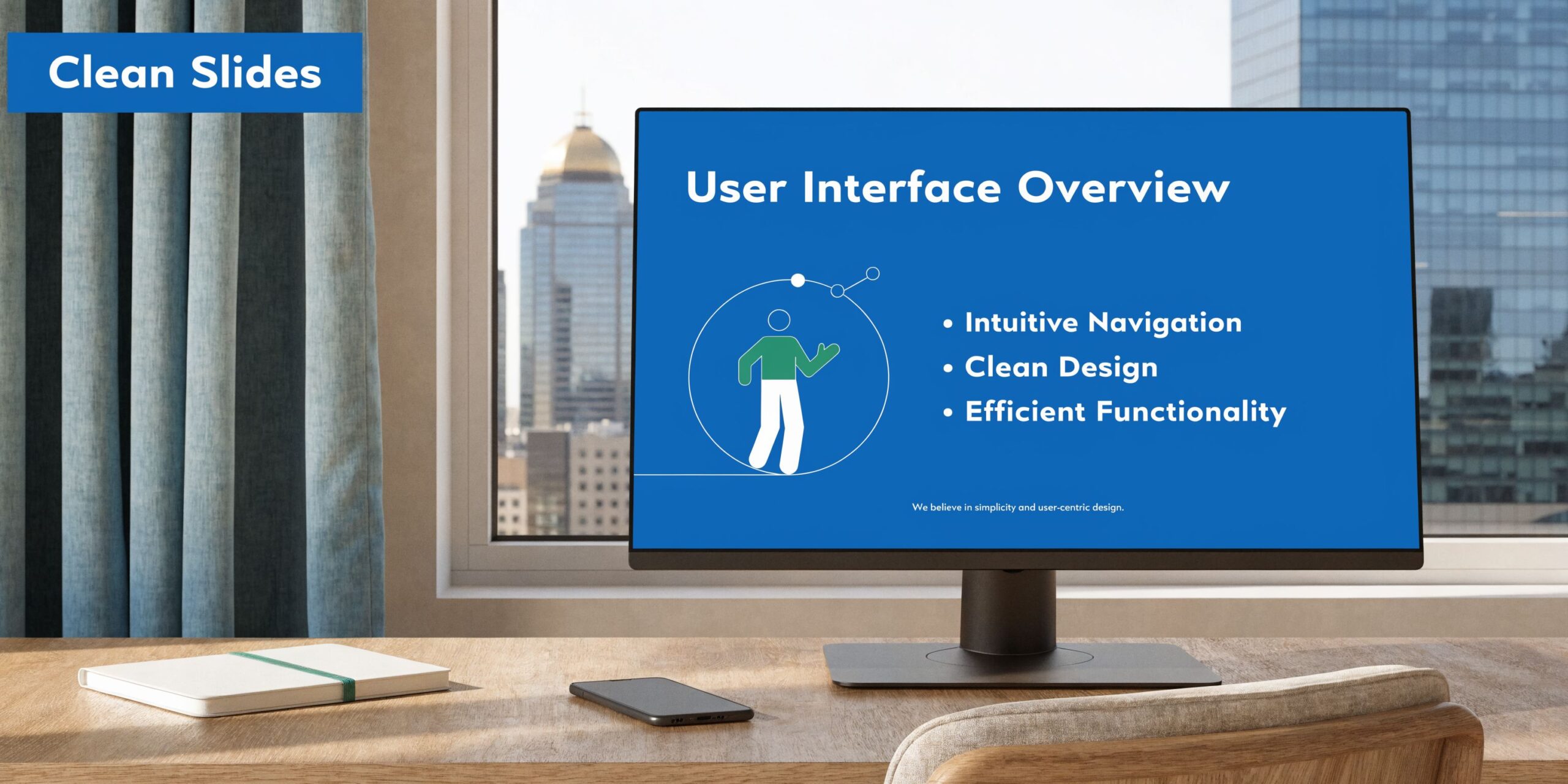 A clean computer monitor on a wooden desk displaying a presentation slide about user interface design overview.