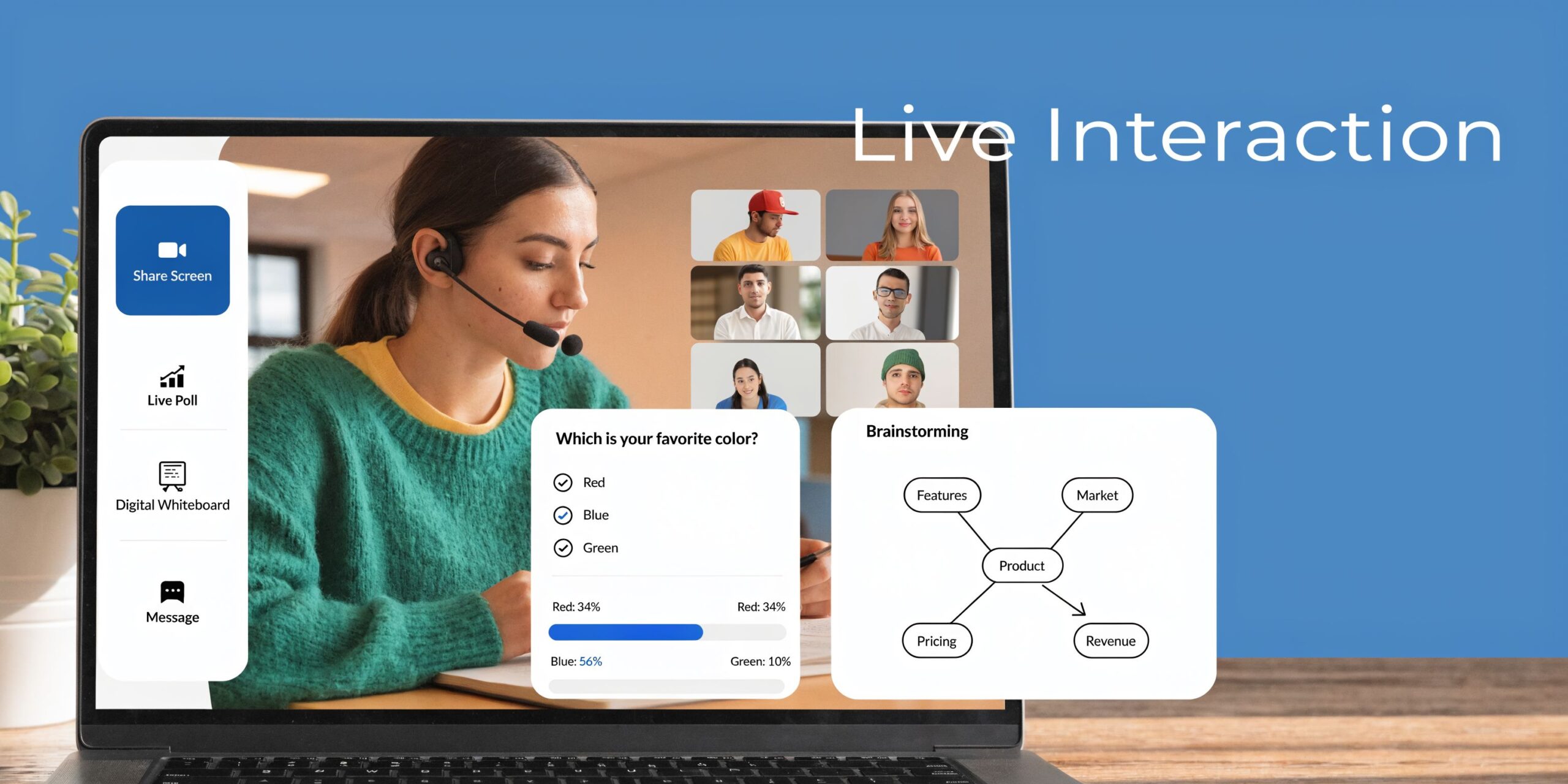 A laptop screen displaying a virtual conference meeting with interactive polls and digital brainstorming tools during collaboration.