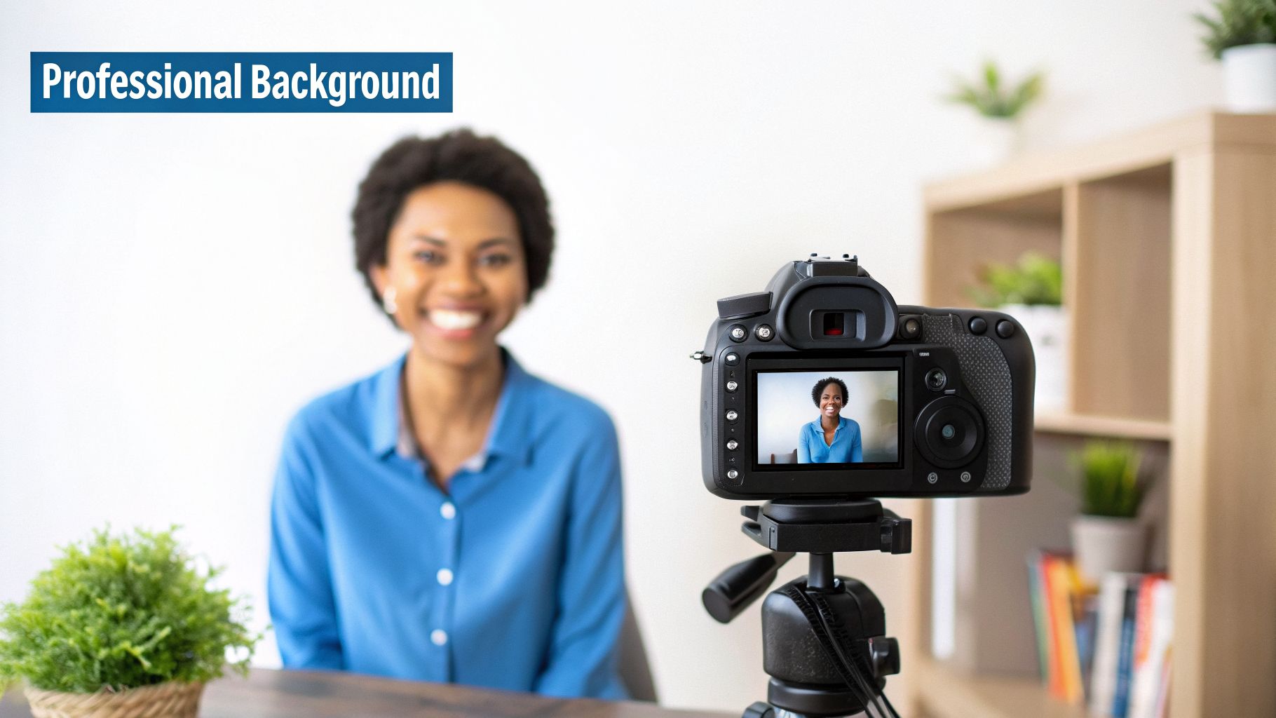 A smiling Black woman in a blue shirt is filmed by a camera on a tripod for a professional video.