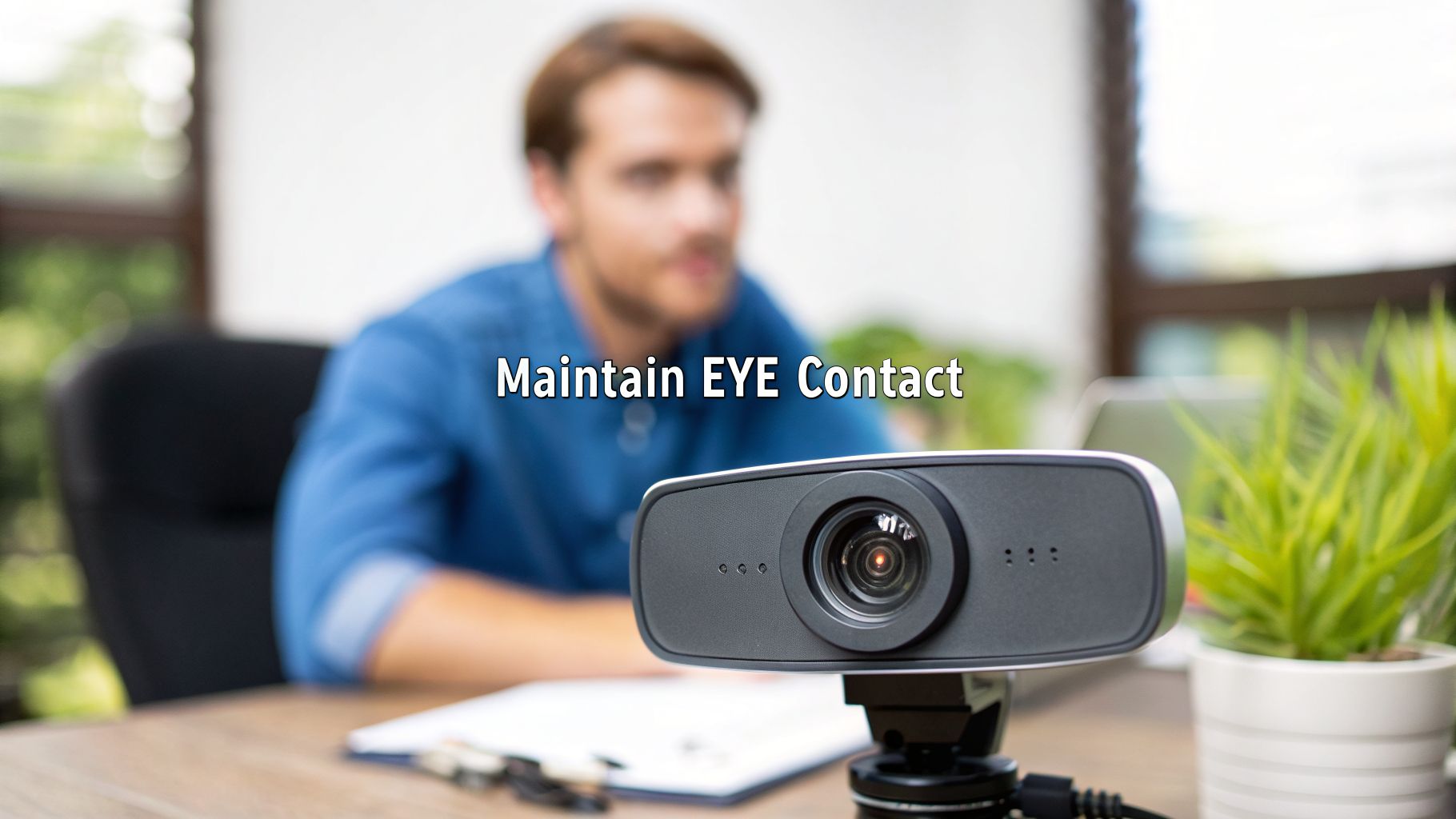 A webcam on a desk with a blurred man in the background, promoting eye contact in virtual meetings.