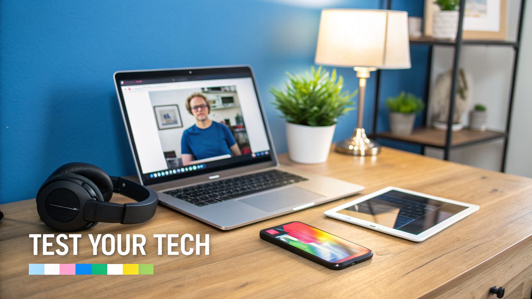 A desk with a laptop displaying a video call, black headphones, a phone, and a tablet, with 'TEST YOUR TECH' text.