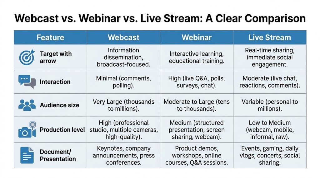 A comparison chart outlining the key differences between webcasts, webinars, and live streams across various features.