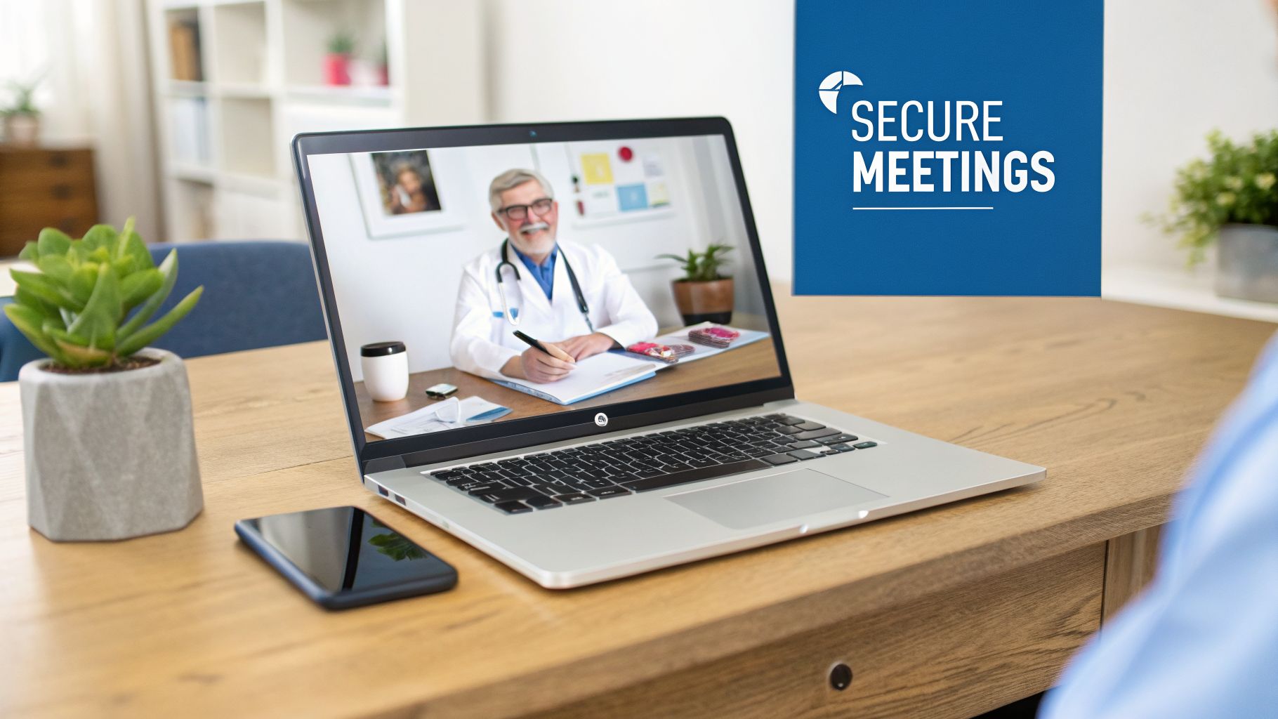 Person attends a secure virtual doctor's meeting on a laptop, showcasing telemedicine and secure communication.
