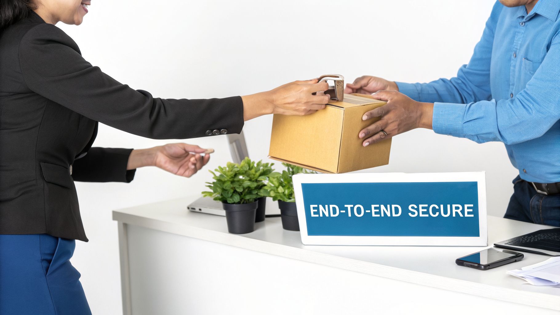 Man and woman collaborating to tape a brown box, emphasizing secure end-to-end delivery.