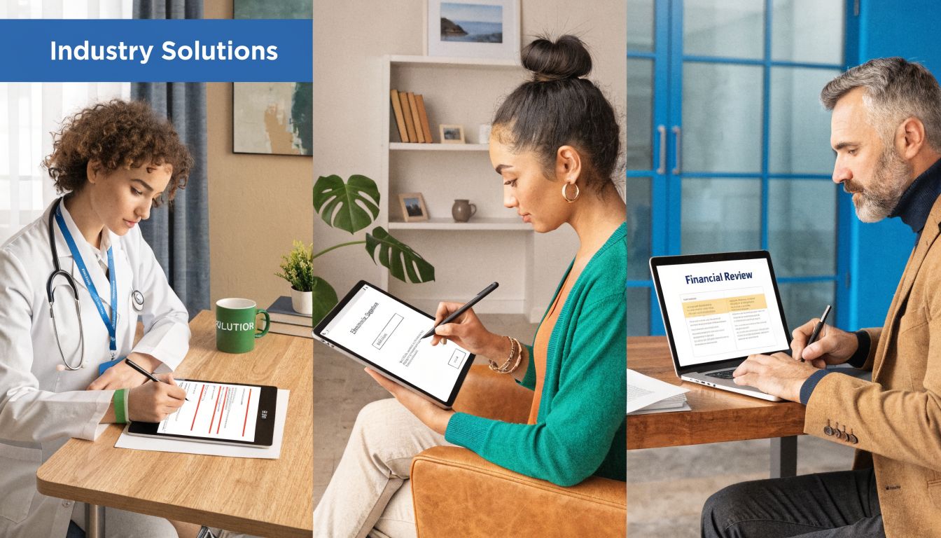 A professional composition showing three people using digital stylus pens for electronic signature tasks across different industries.