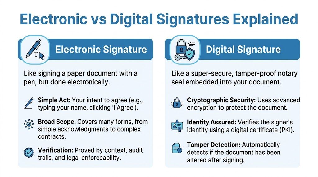 A comparison infographic explaining the differences between electronic signatures and secure digital signatures.