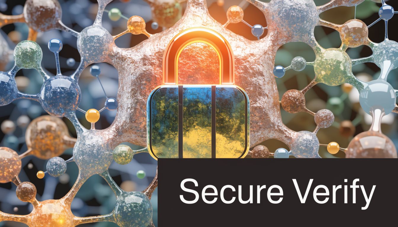 A digital graphic featuring a metal padlock icon centered over a complex, textured molecular structure background.