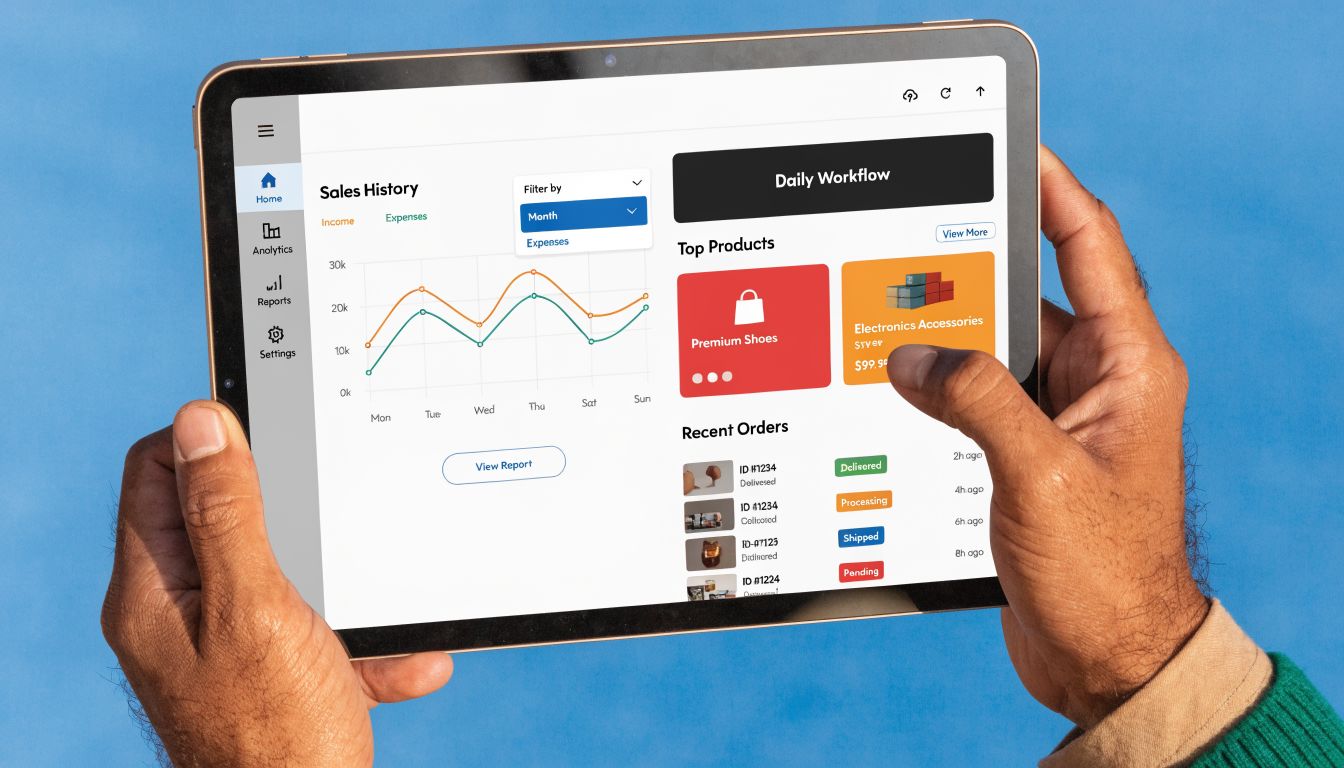A person holding a tablet displaying a professional sales analytics dashboard for business management and tracking.