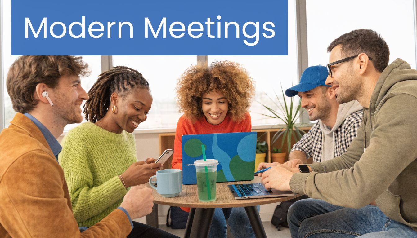 A diverse group of four young professionals collaborating around a small table with laptops and beverages.