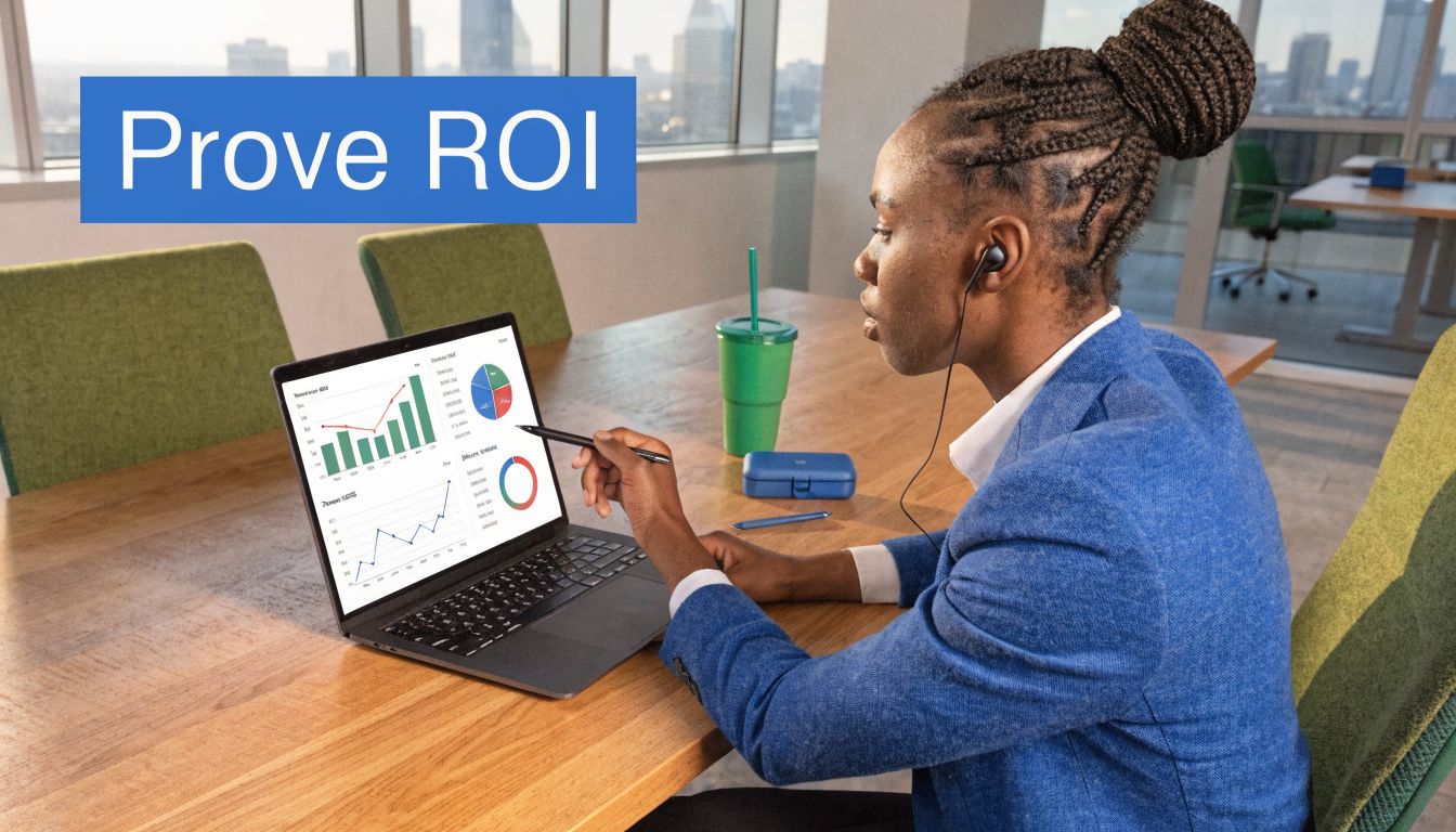 A professional woman in a blue blazer reviewing business analytics and data charts on a laptop screen.