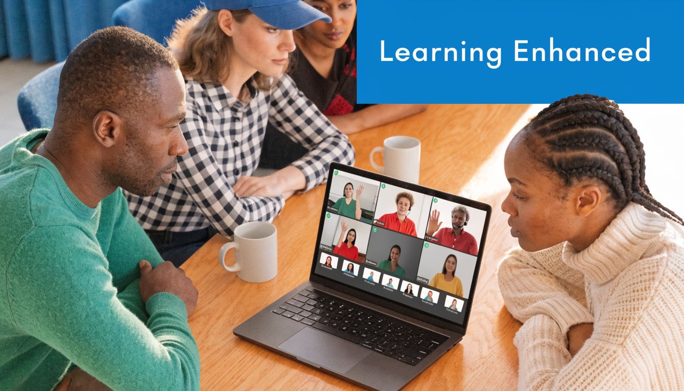 A diverse group of students collaborating while watching an online video conference on a laptop computer.