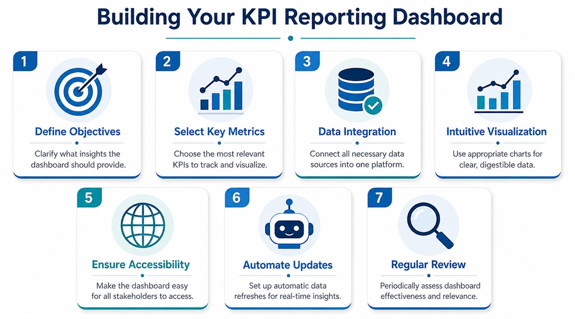 A seven-step guide illustrating the process of building an effective KPI reporting dashboard for business data visualization.