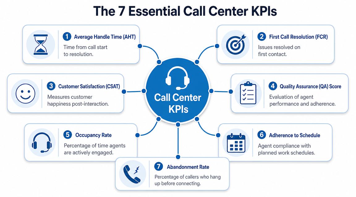 A diagram outlining the seven essential call center KPIs for measuring performance and customer service efficiency.