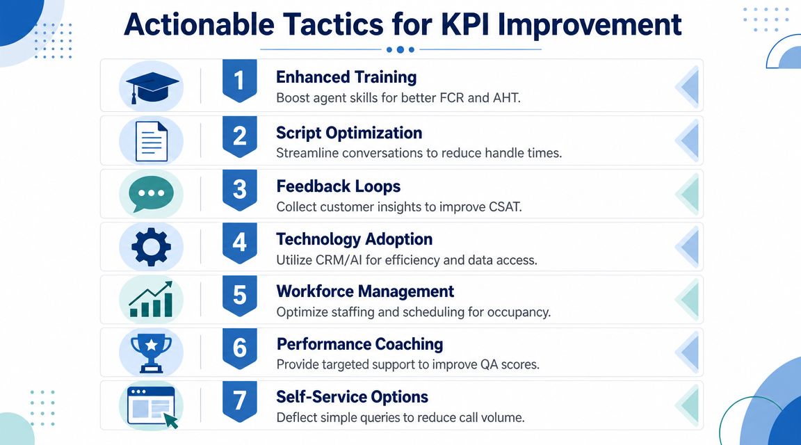 A list of seven actionable tactics for improving call center key performance indicators, presented in a clean infographic.