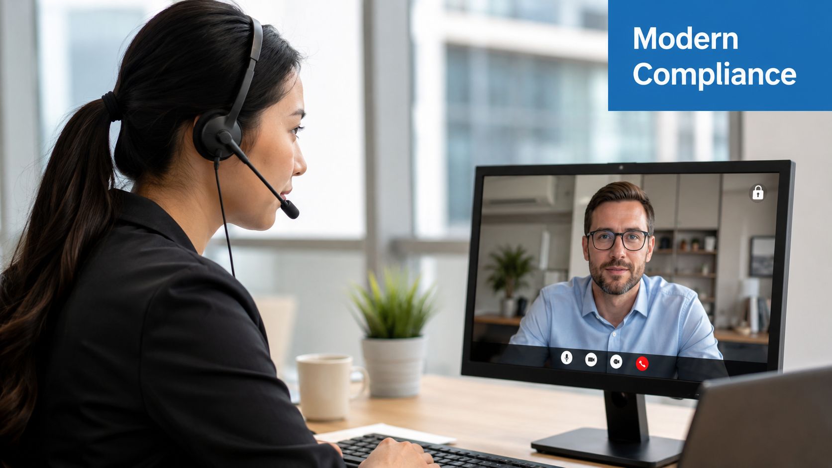 A professional woman wearing a headset participates in a video call with a colleague on her computer.