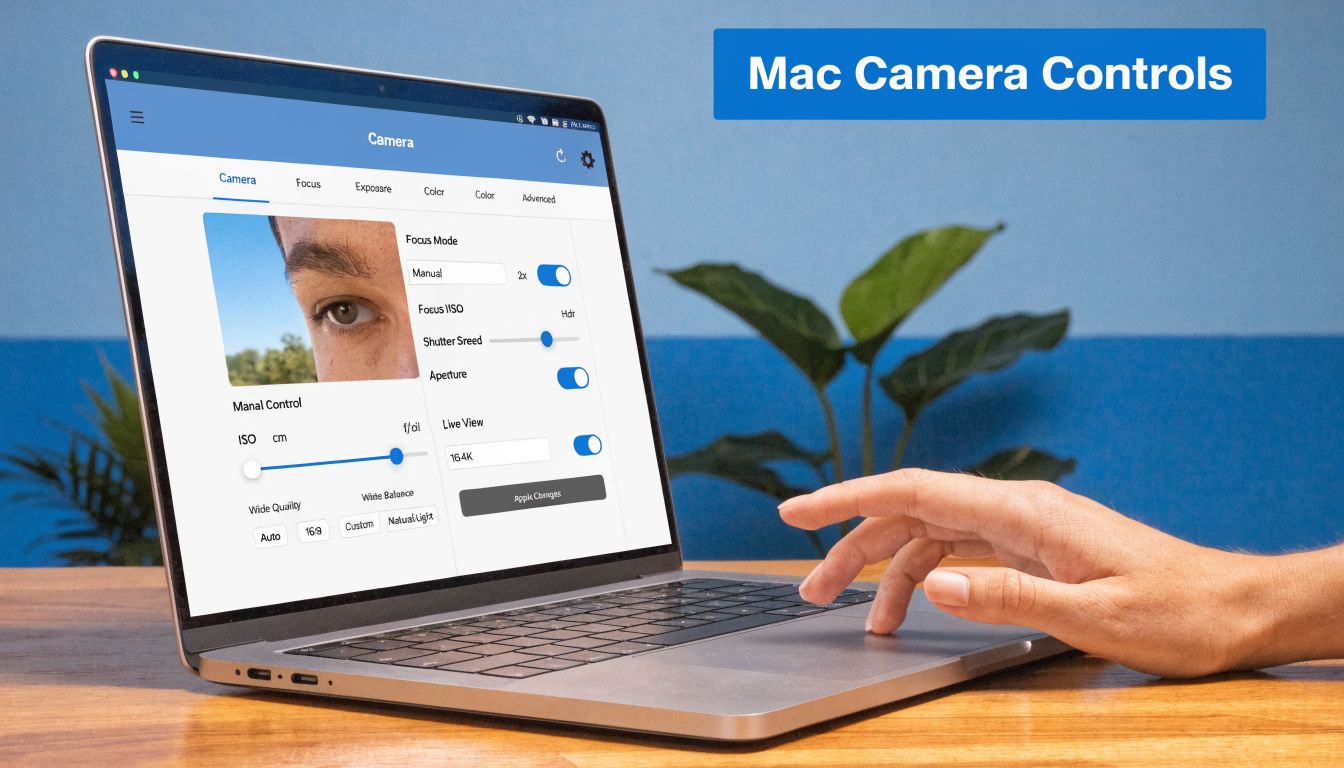 A person adjusting camera settings on a MacBook laptop screen displaying an interface with sliders and controls.