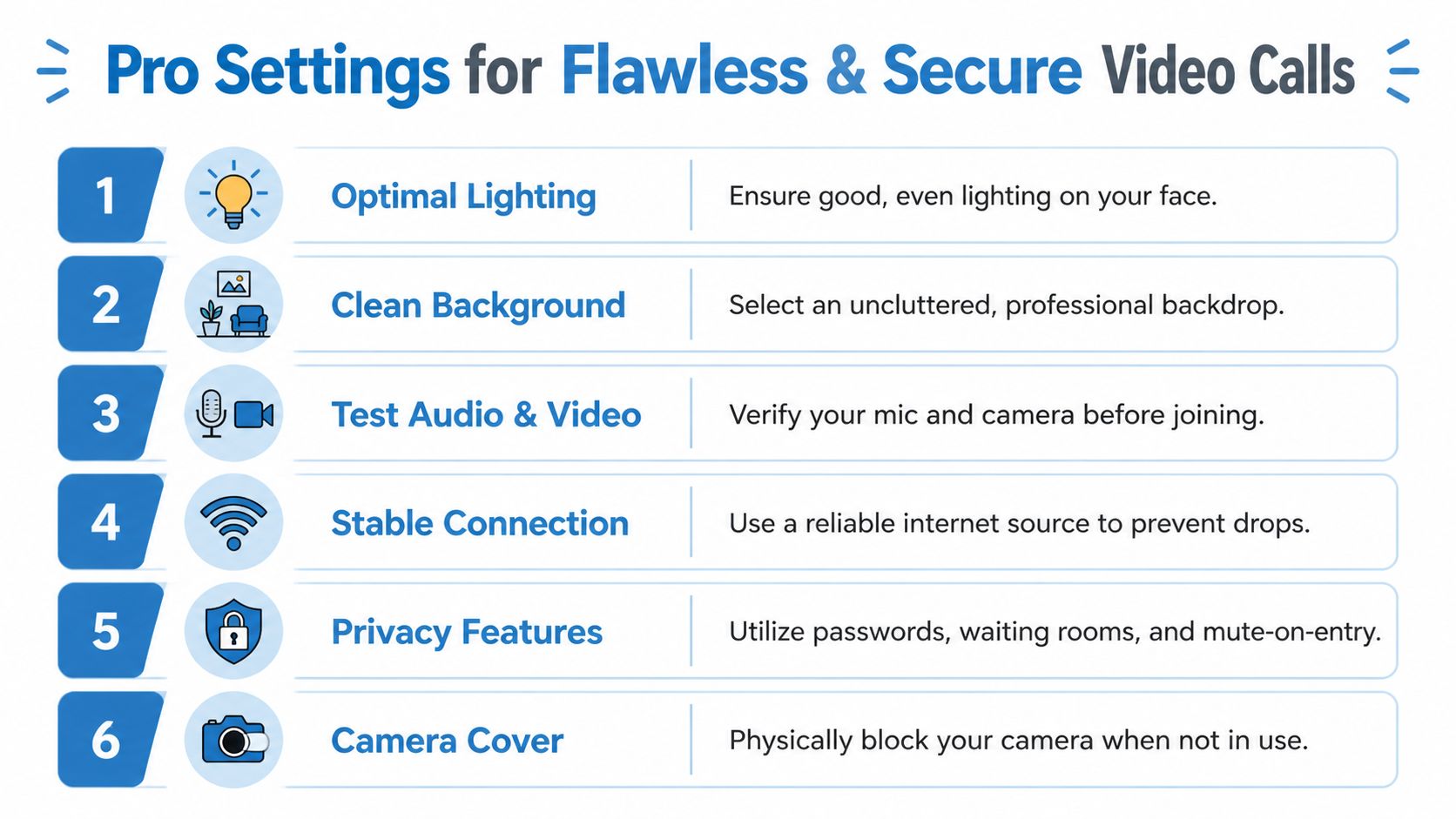 A list of six professional tips for improving the quality and security of your video calls.