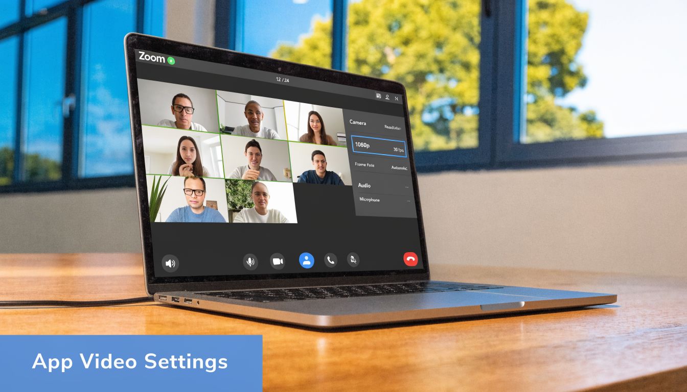 A laptop on a wooden desk displaying Zoom video conference settings on its screen in an office.
