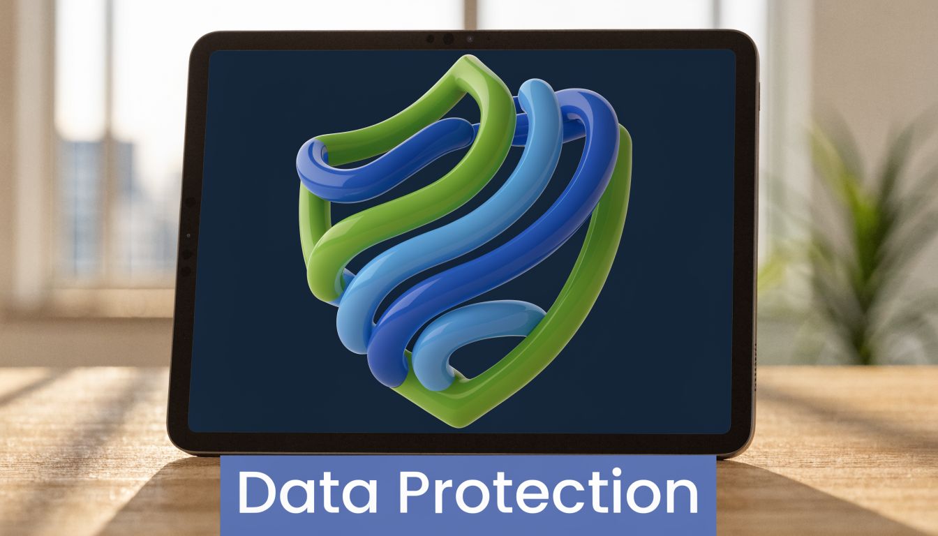 A tablet on a desk displaying a colorful 3D shield icon with the text Data Protection below.