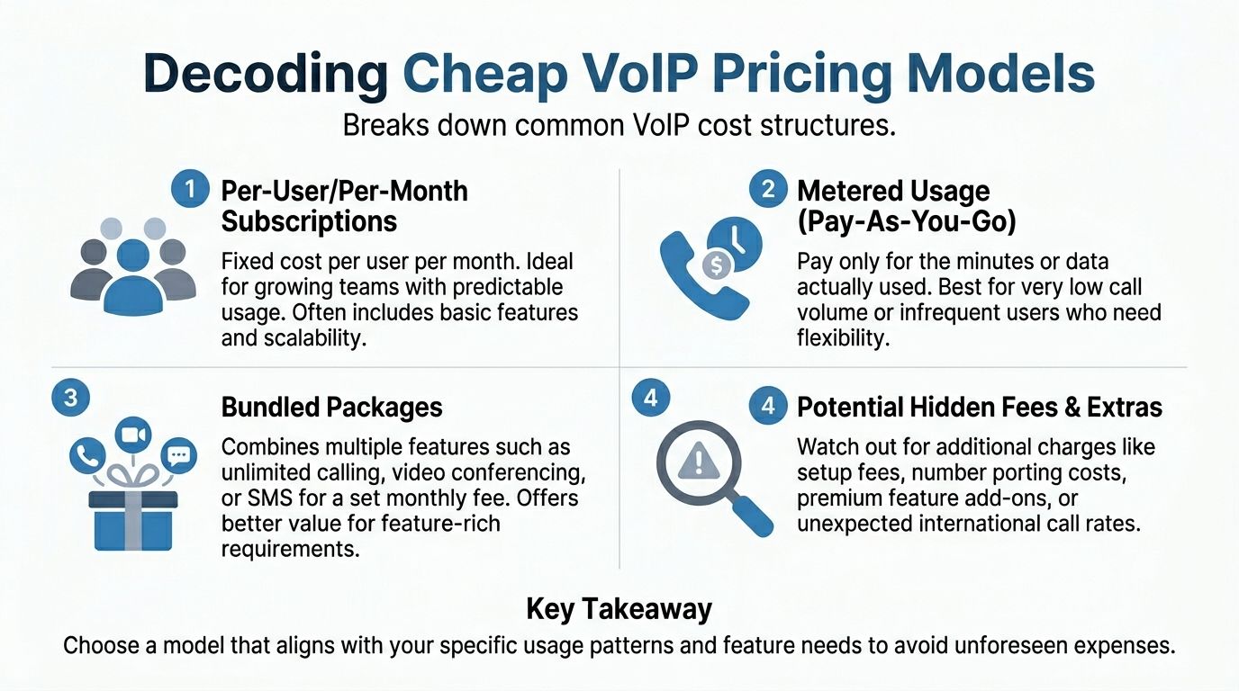 An infographic titled Decoding Cheap VoIP Pricing Models showing four different business communication cost structures.