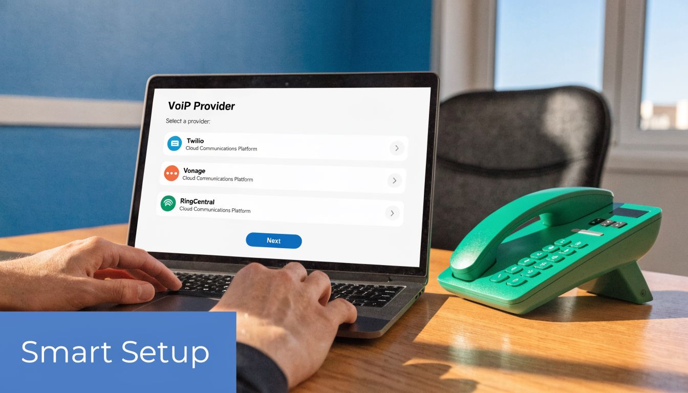 A person selecting a VoIP provider on a laptop screen with a desk phone nearby.