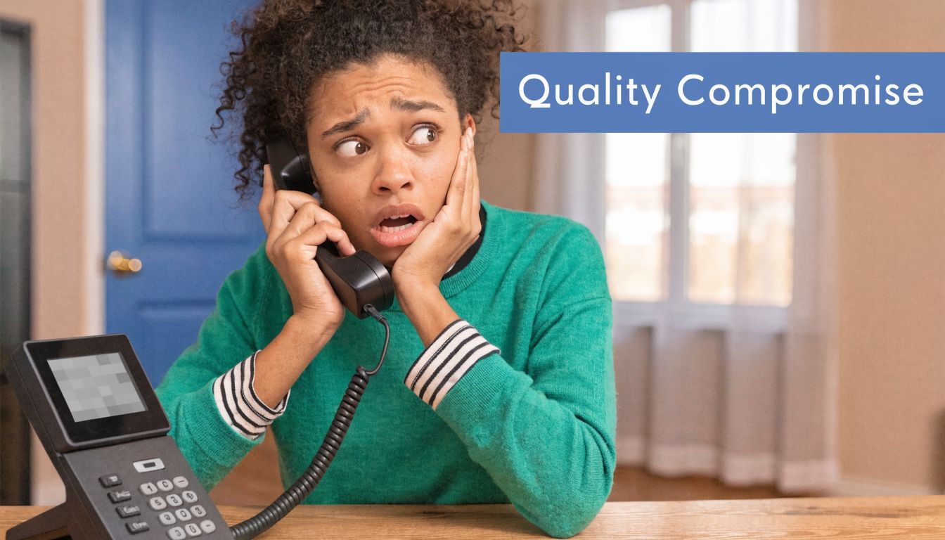 A concerned young woman talks on a desk phone, symbolizing a low quality VoIP service experience.