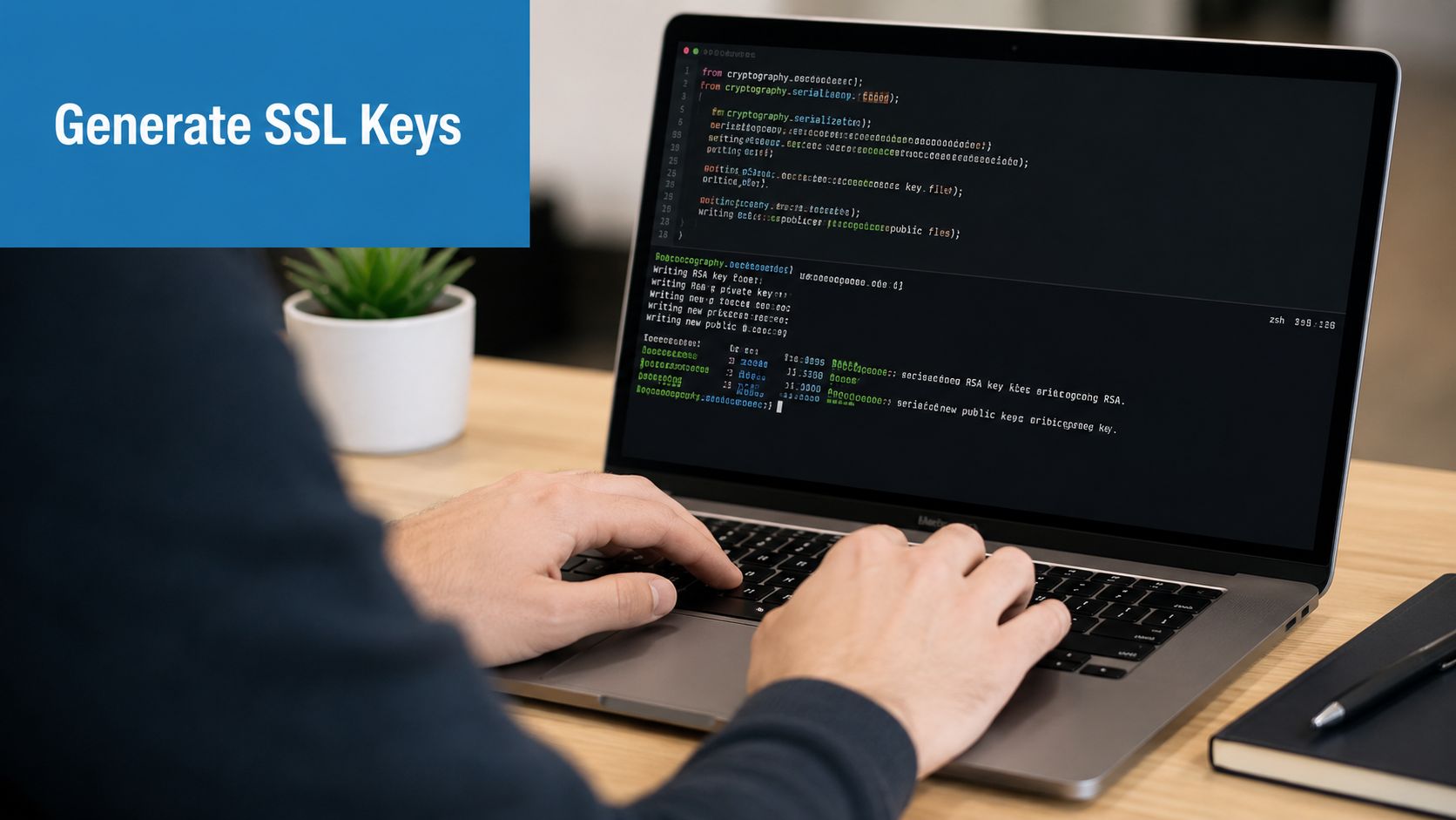 A developer typing code on a laptop screen displaying a terminal window for generating SSL keys.