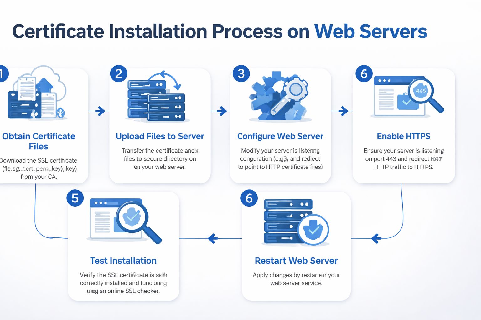 A six-step infographic illustrating the professional workflow for installing SSL security certificates on various web servers.