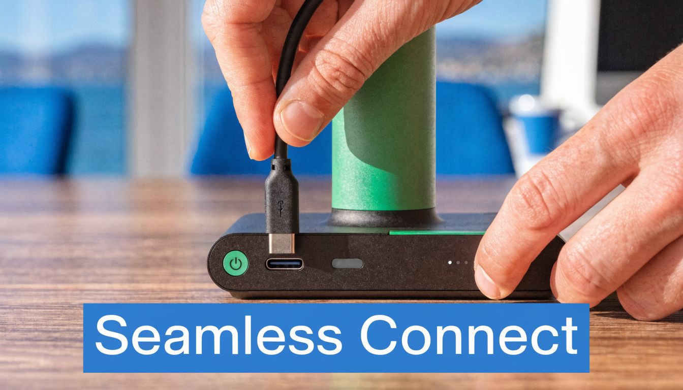 A close-up view of a person connecting a USB-C cable to a portable video conferencing hardware device.