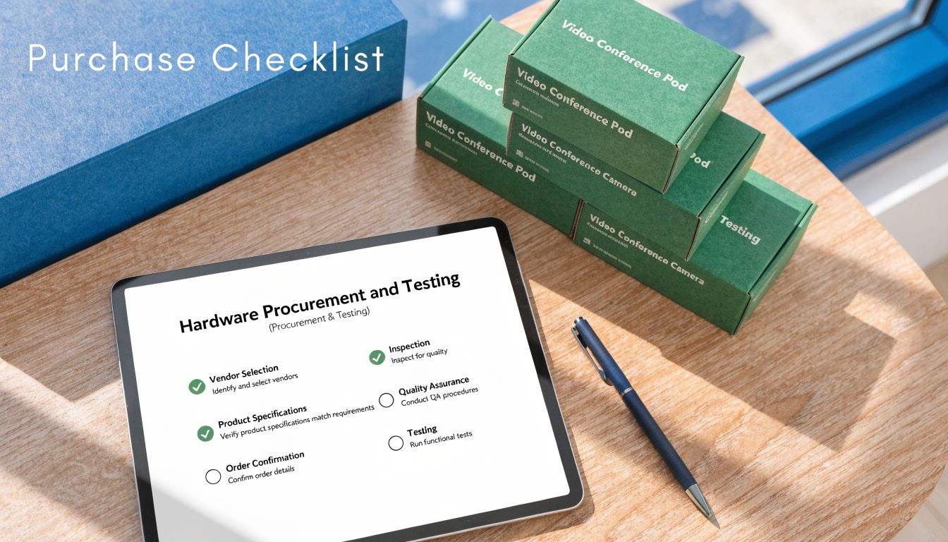 A digital tablet showing a hardware procurement and testing checklist beside green boxes on a desk.