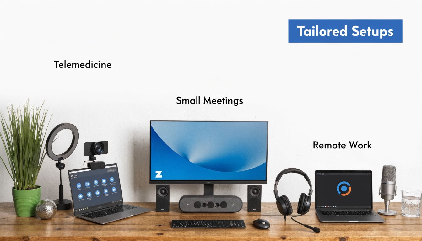 A wooden desk showcasing professional video conferencing hardware setups for telemedicine, small meetings, and remote work scenarios.
