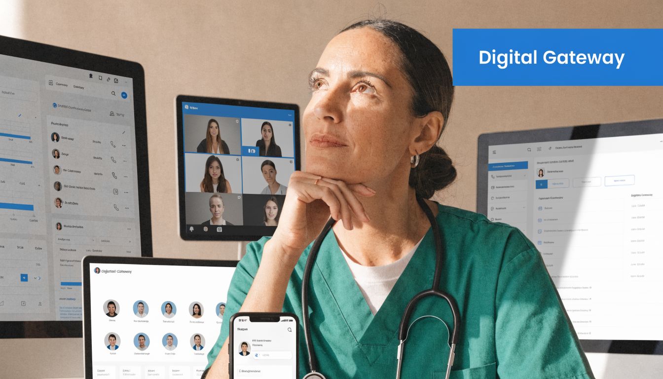 A female doctor with a stethoscope deep in thought surrounded by various telehealth software digital interfaces.