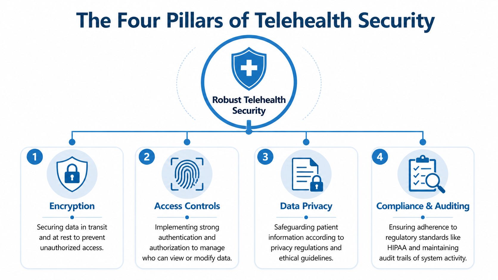 A diagram illustrating the four pillars of telehealth security including encryption, access controls, data privacy, and compliance.