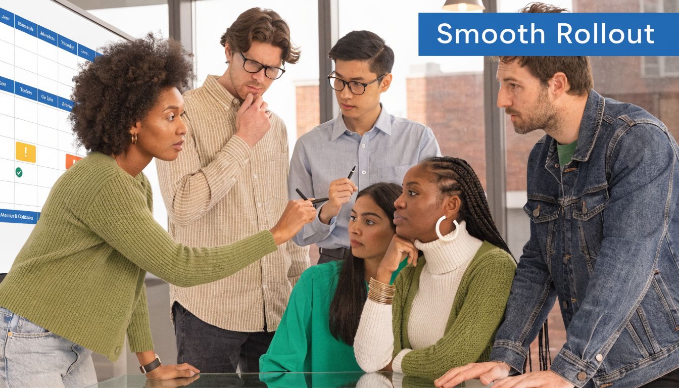 A diverse team of professionals collaborate on a project plan in a modern, light-filled office space.