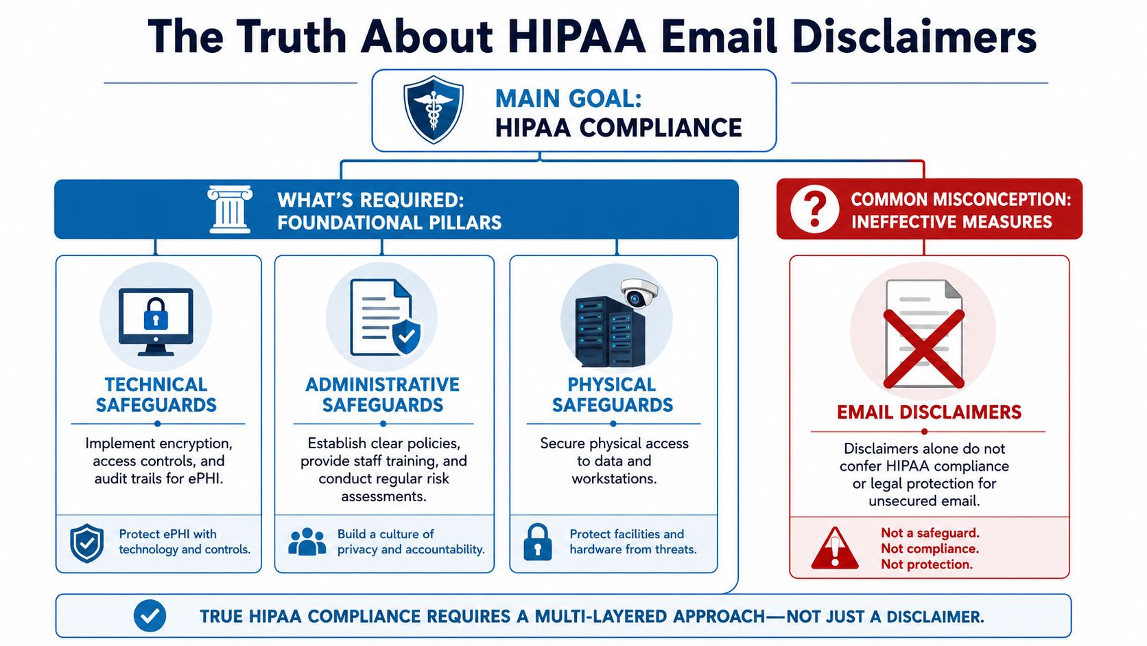 An infographic explaining that email disclaimers are not a substitute for comprehensive HIPAA compliance and data safeguards.