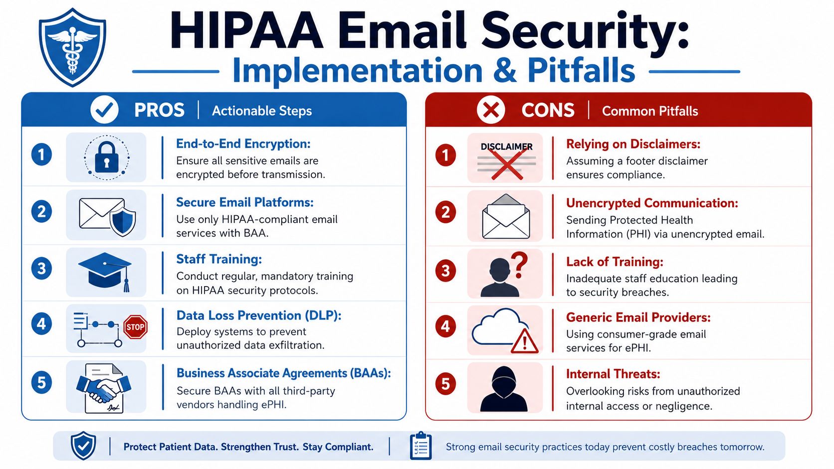An infographic detailing five pros and cons for maintaining HIPAA-compliant email security for healthcare organizations.