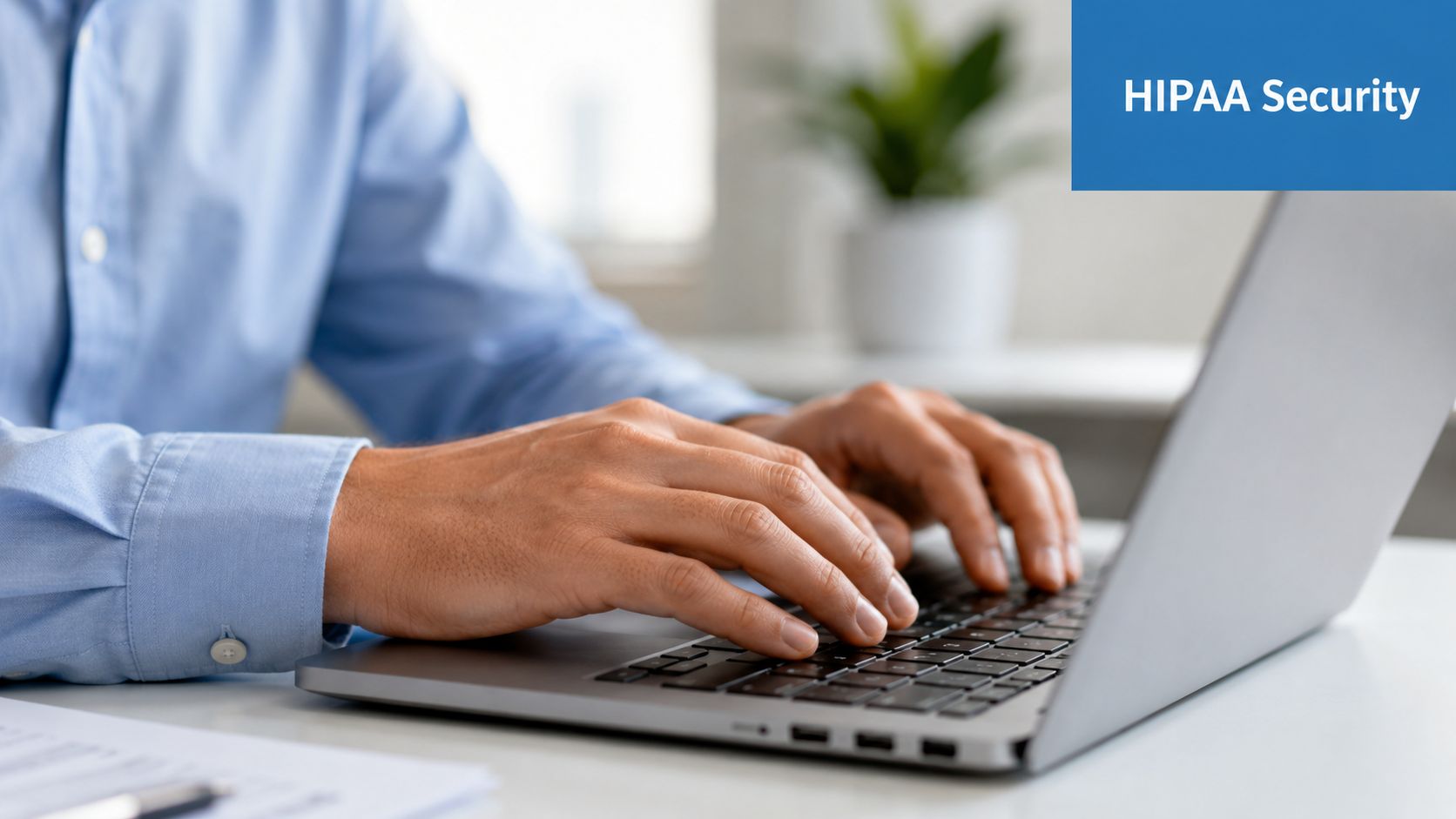A person wearing a light blue dress shirt typing on a laptop at a desk.