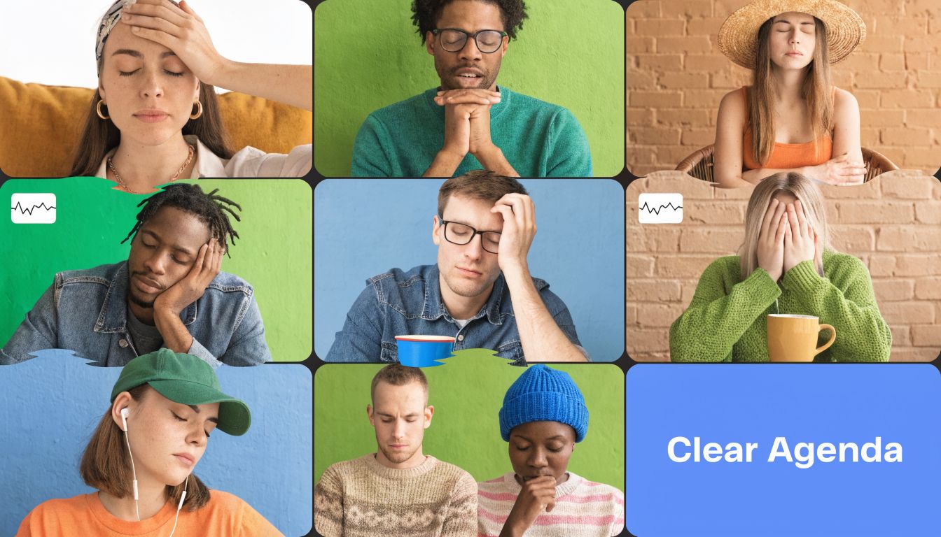 A collage showing diverse professionals looking exhausted and bored during a virtual meeting with clear agenda text.