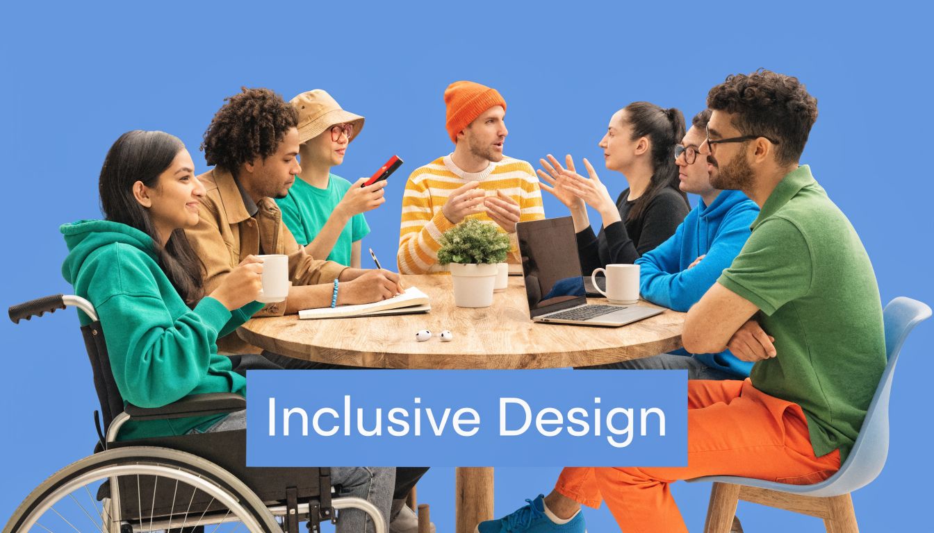 A diverse group of people collaborating around a round wooden table, highlighting concepts of inclusive design.