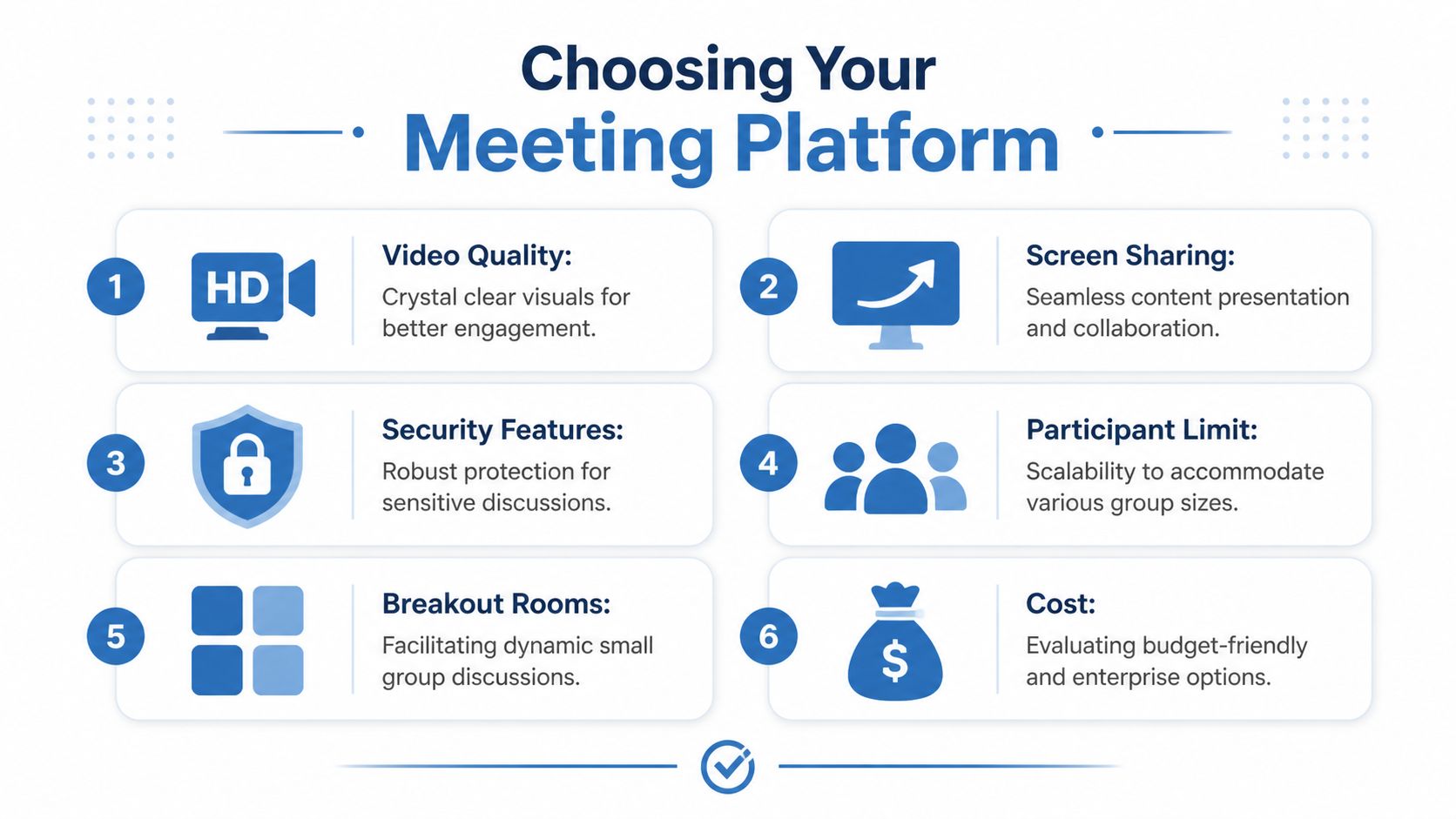 An infographic titled Choosing Your Meeting Platform highlighting six key features to consider for virtual meetings.