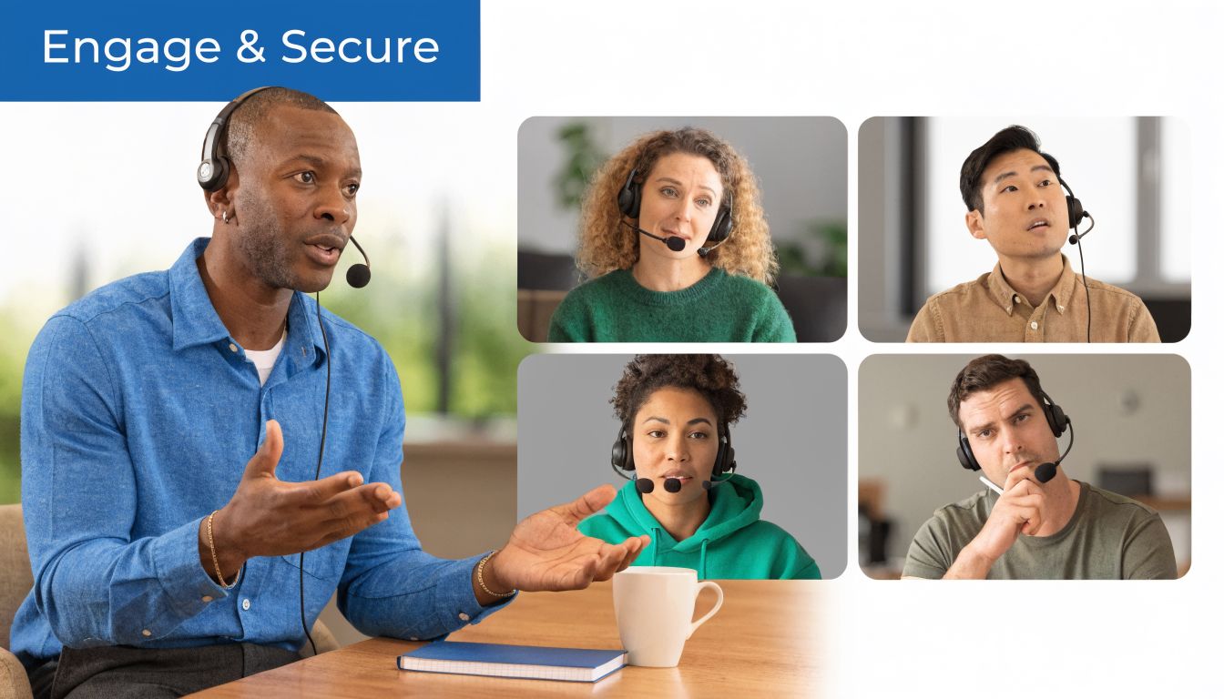 A diverse group of professionals participating in a remote video conference meeting using headsets for communication.