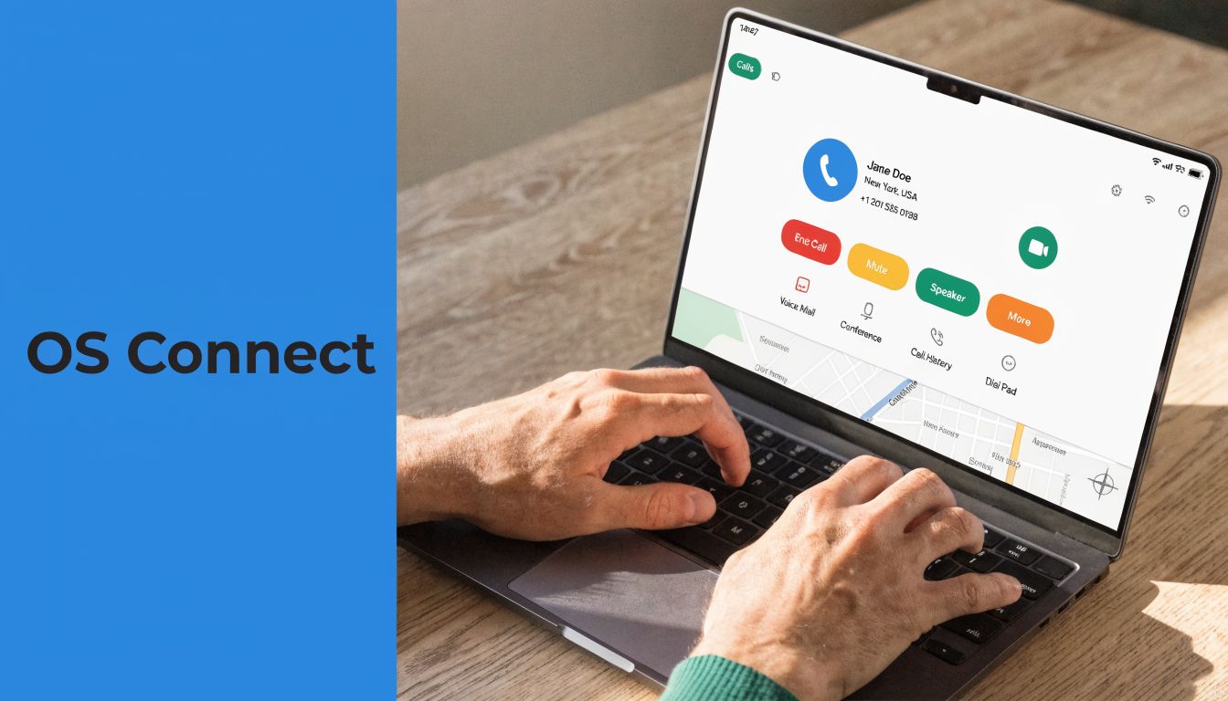 A person using a laptop to make a phone call with OS Connect software on the screen.