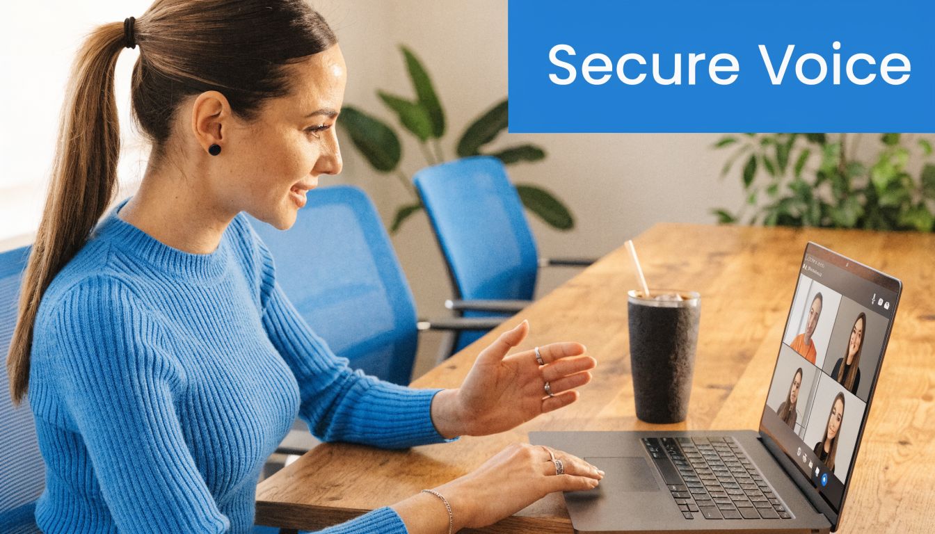 A woman in a blue sweater having a video conference call on her laptop at a desk.