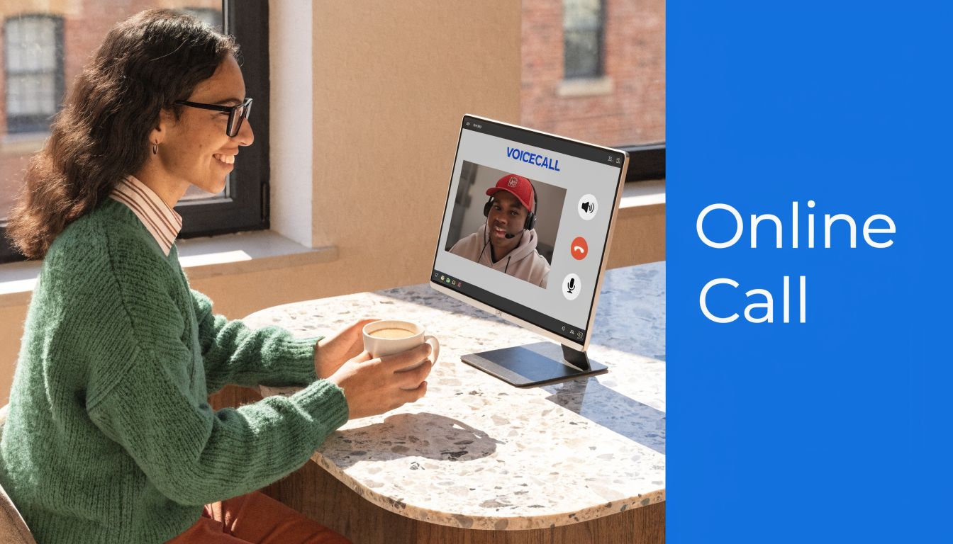 A woman drinking coffee while having an online video call on her desktop computer monitor.
