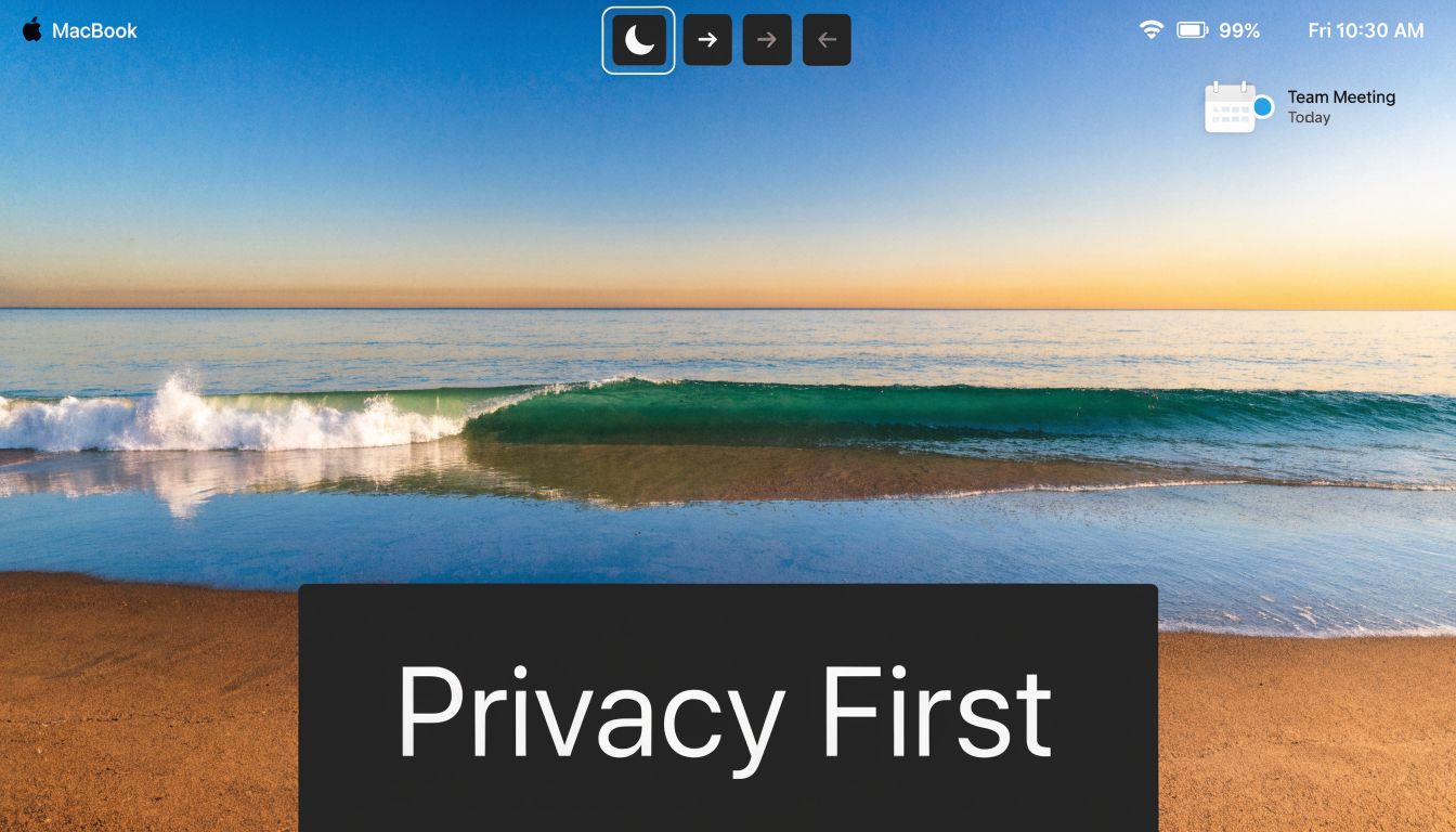 A digital screen display showing a beach wallpaper with a large Privacy First text overlay box.
