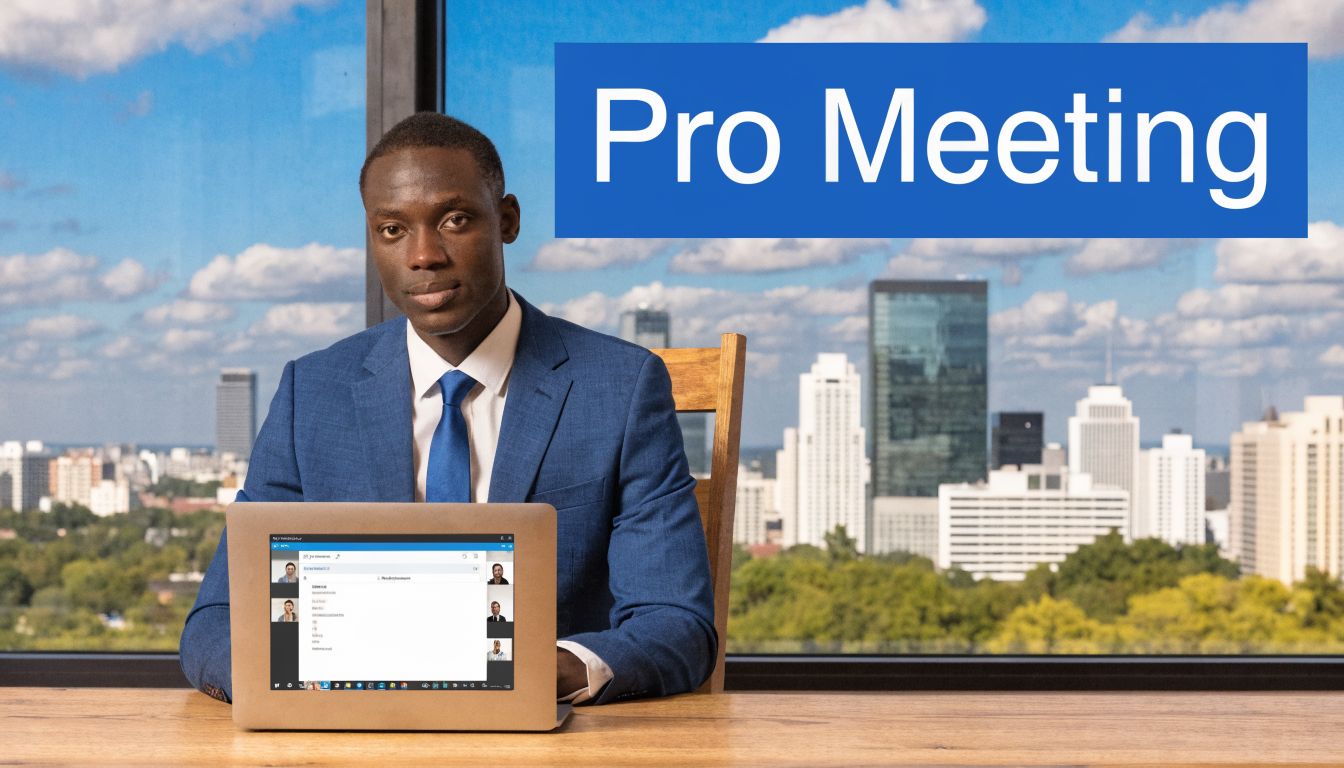 A professional man sitting at a desk with a laptop displaying a video meeting screen interface.
