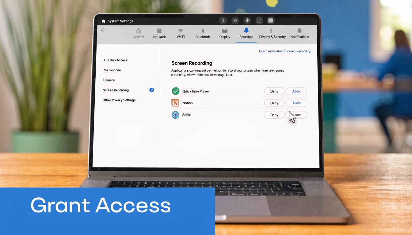 A Mac System Settings screen showing the Screen Recording permission panel with a cursor hovering over Safari.