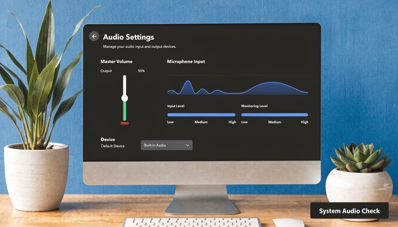 A computer screen displaying an audio settings menu with volume, microphone, and device configuration options.
